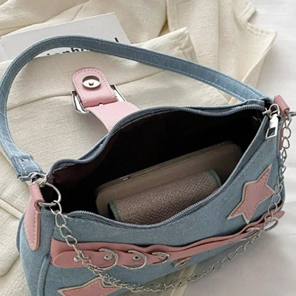 Fashion Women's Handbags Denim Stars Pattern Cool Girls Underarm Bag Female Small Shoulder Hobo Bags Chain Tote Bag