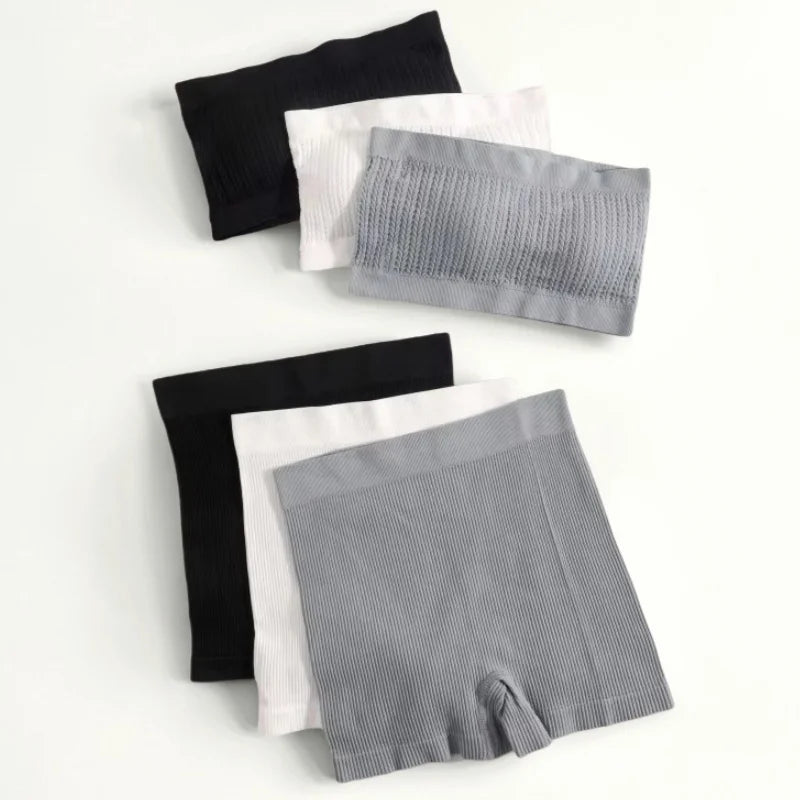 Women Seamless Bra Set Ribbed Sports Shorts Sexy Strapless Lingerie Set Nonwire Bralette Female Bandeau Underwear Set
