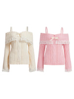 Women Long Sleeve Contrast Lace Knit Pullovers Autumn Winter Cold Shoulder Sweaters Bow Front Jumper Tops Beige/Pink