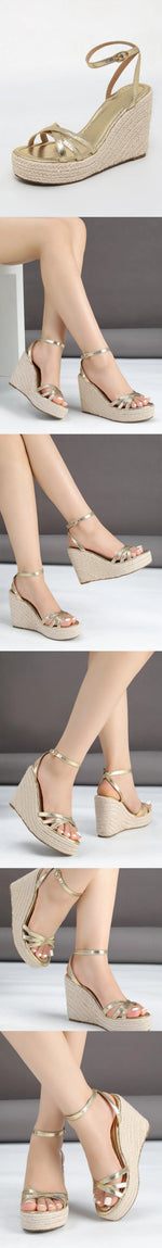 Comfy Walk Big Size 43 Summer Rome Espadrilles Sandals Women Ankle Strap Sandals High Heels Wedges Shoes Gold Platform Sandal