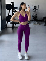 Halter Neck Yoga 2Pcs Set Women Soft Stretchy Top & Long Pants Gym Wear