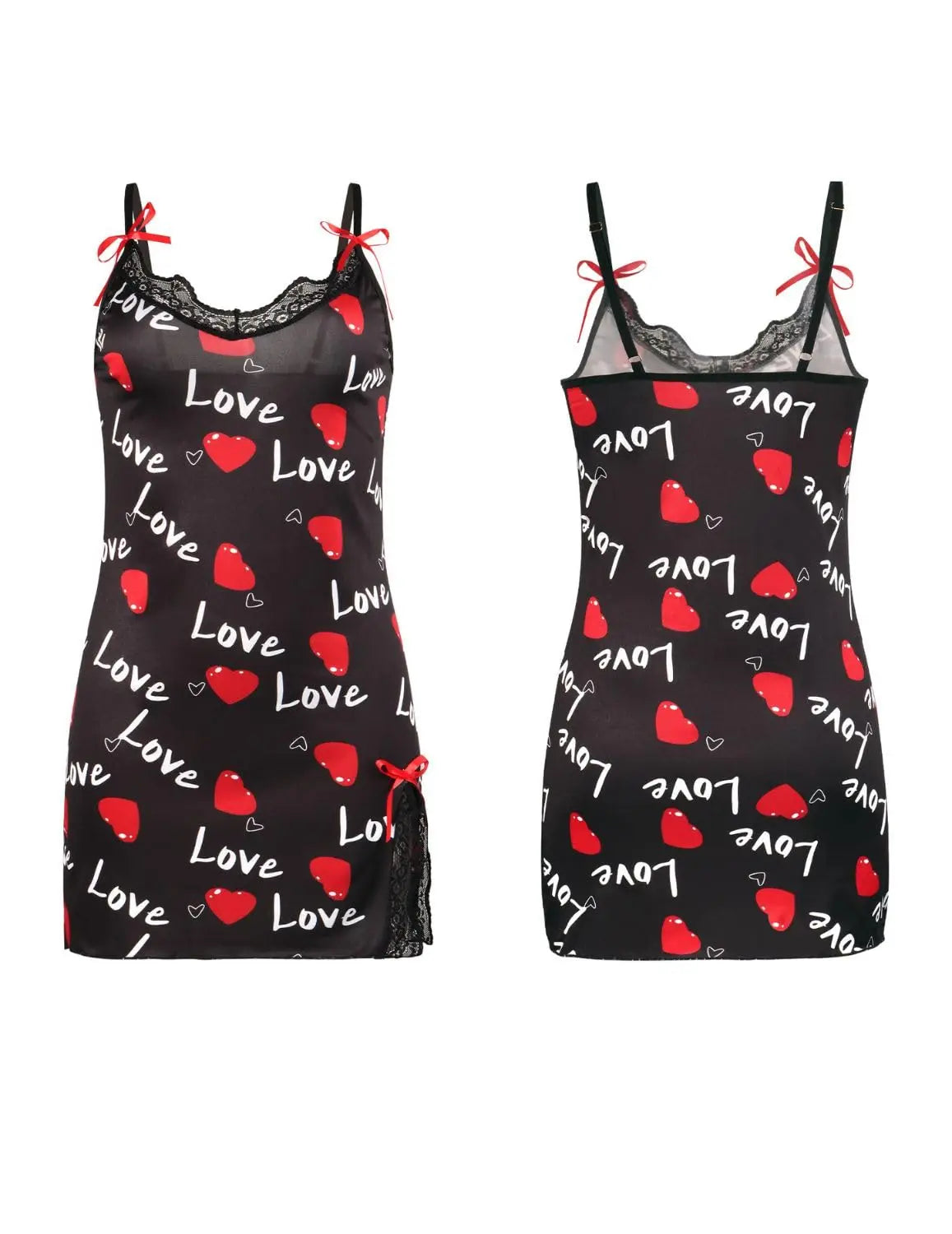 New Sexy Black Nightgown for Women Red HeartLove Print Satin Lace Trim Mini Chemise Adjustable Spaghetti Strap Lingerie