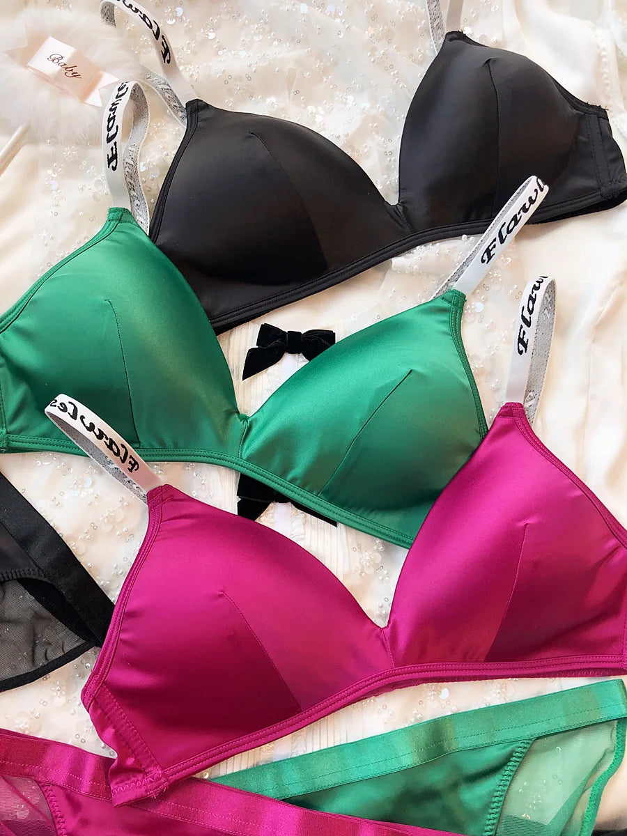 Ice Silk Comfort Underwear Set Women Sexy Deep V Push Up Bra Set Shoulder Strap Letters Adjustable Brassiere and Lace Panties