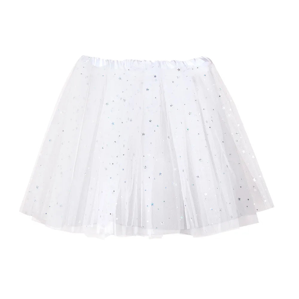 Womens Summer New Tulle Tutu Skirt Elastic Waist Silver Star Print Layered Mesh Mini Skirt Fluffy Carnival Party Dance Skirts