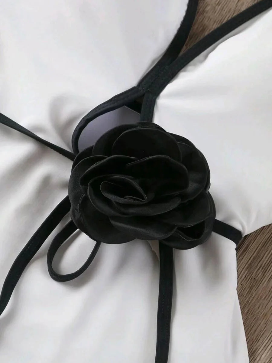 3D Flower Belt V Neck Splicing Halter Slim Women Swimwear One Piece Swimsuit Female Backless Monokini Bather Bathing Suit Swim