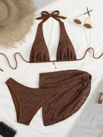Sexy Coffee Bikinis Sets Women Hollow Out Mesh Cover Up 3 Piece Swimsuit Beach Push Up Beach Bathing Suit High Waist Swimwear