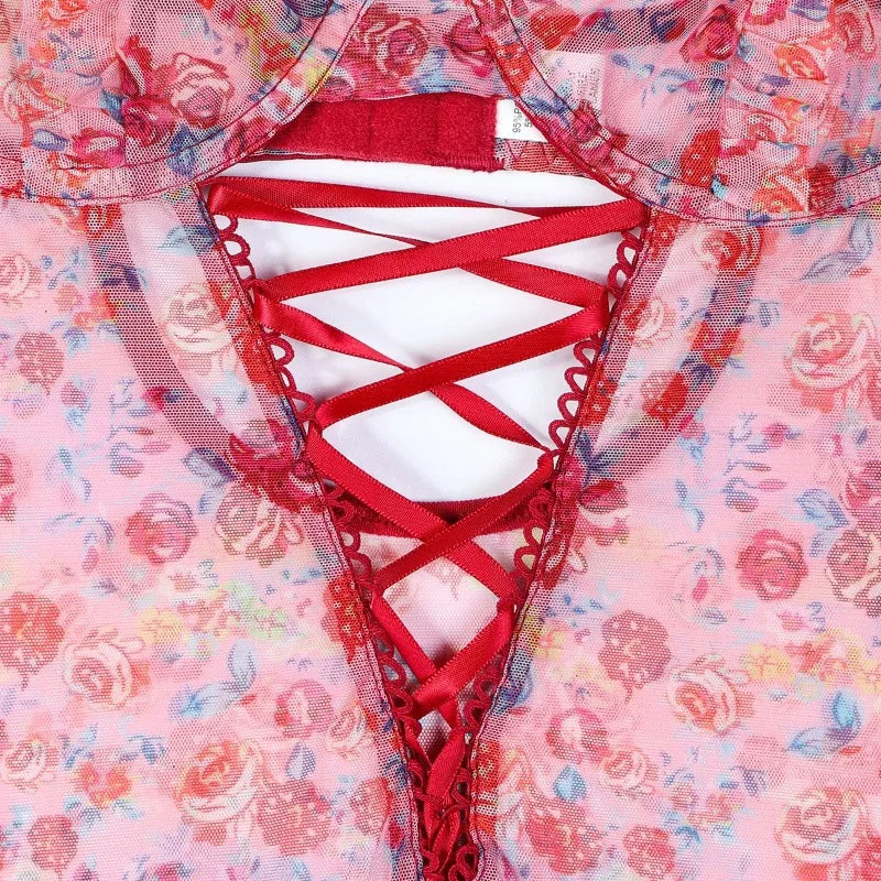 Toucheart Sexy Women Lace Backless InterestingBabydoll Bodysuit Wrap Dress High Waisted Printing Bow KnotBabydoll Bodysuit