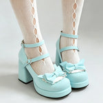 Plus Size 48 Women's Sweet Lolita Mary Jane Heels Pumps Heart Buckle Cross Ankle Strap Bow Platform 5.5cm Block Heel Goth Shoes