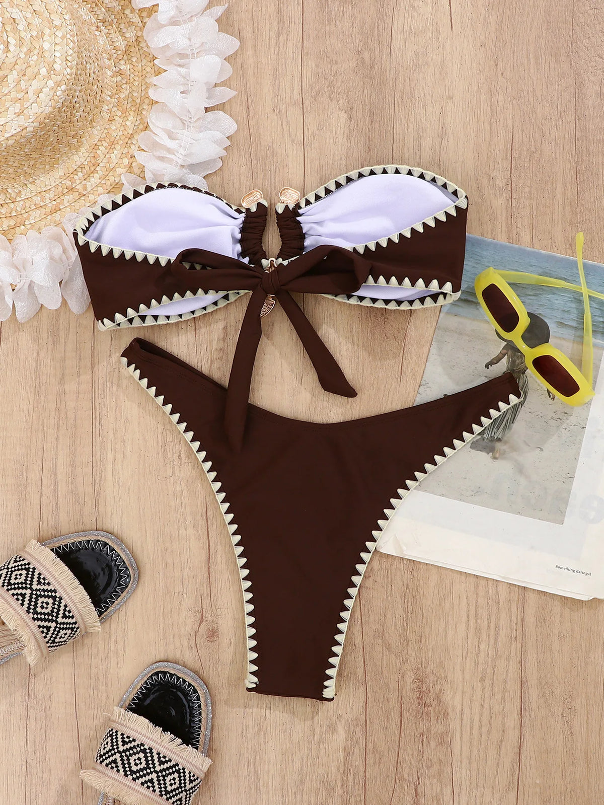 DEKABrazilian Bikini Solid Bandeau Bikinis Sets Woman Sexy Swimsuit Contrast Color Metal Buckle Swimwear High Cut Bathing Suit