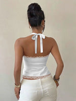 FDYOUO Sexy Halter Lace Patchwork Camisoles Women Fashion Backless Hollow Out Corset Pink White Bandage Tanks Top Y2K Streetwear
