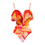 Vintage Orange Gradient Swimwear Women Ruffles Pleate Skirt Sets 2026 Bandeau Push Up Padded Slim Holiday One Piece Swimsuit