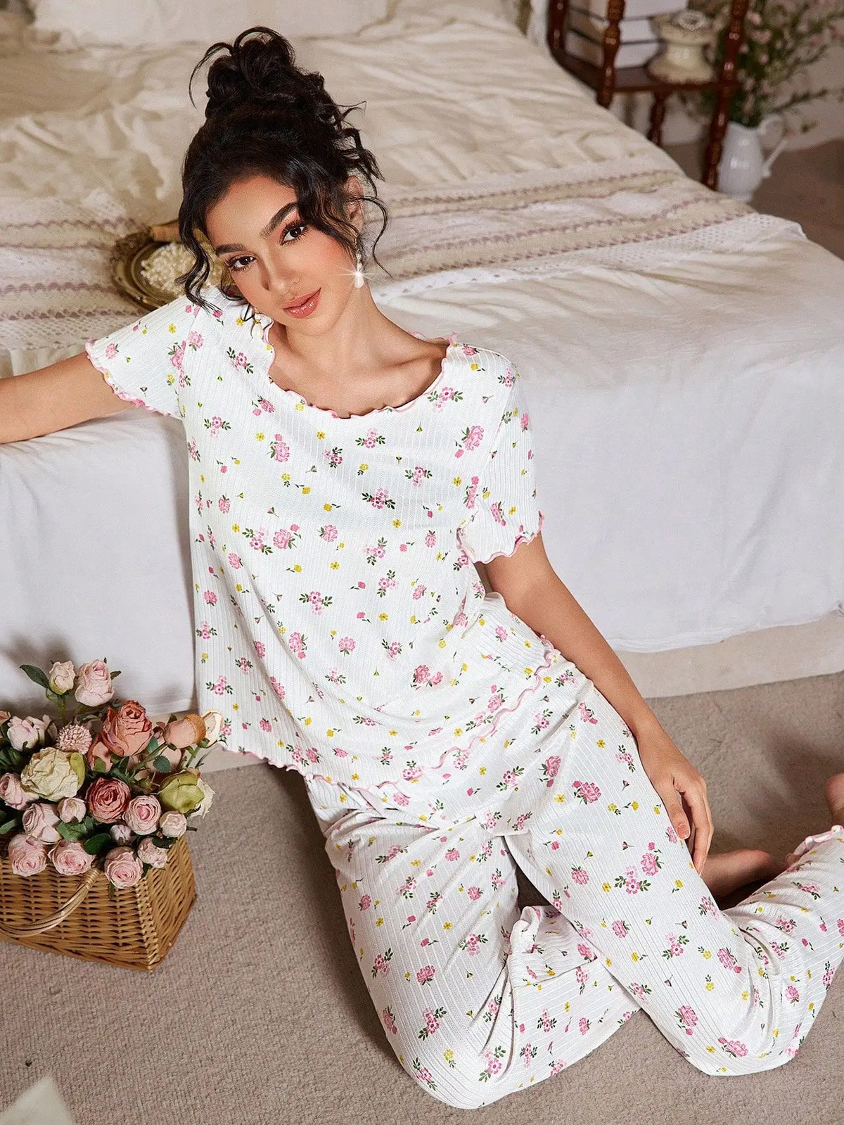 Women's Sleepwear New Loose Pajamas Floral Short-sleeved Trousers Loungewear Casual Wear Two-piece Set Pijamas Pyjamas Women