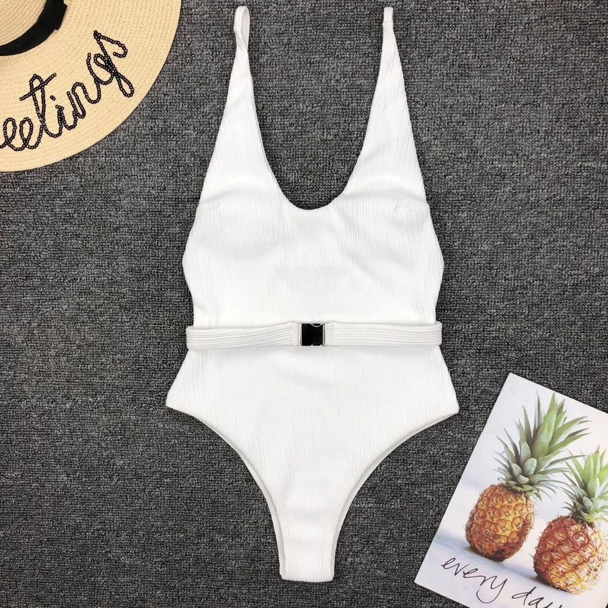 V Neck Ribbed High Cut Women Swimwear One Piece Swimsuit Female Backless Monokini with Waist Belt Bathing Suit Swim Beachwear