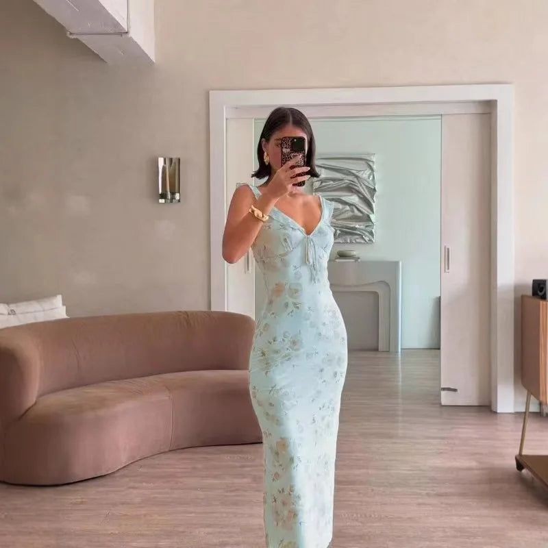 Sexy Elegant Flower Print Slim Long Dresses Women V-neck Low Cut Leace-up Backless Package Hip Bodycon Sleeveless Dress Female