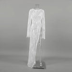 Woman Clothing 2026 O-neck Hollow Out High Slit Long Maxi Lace Dress Black Streetwear Ladies See-through Black T-shirt Dresses