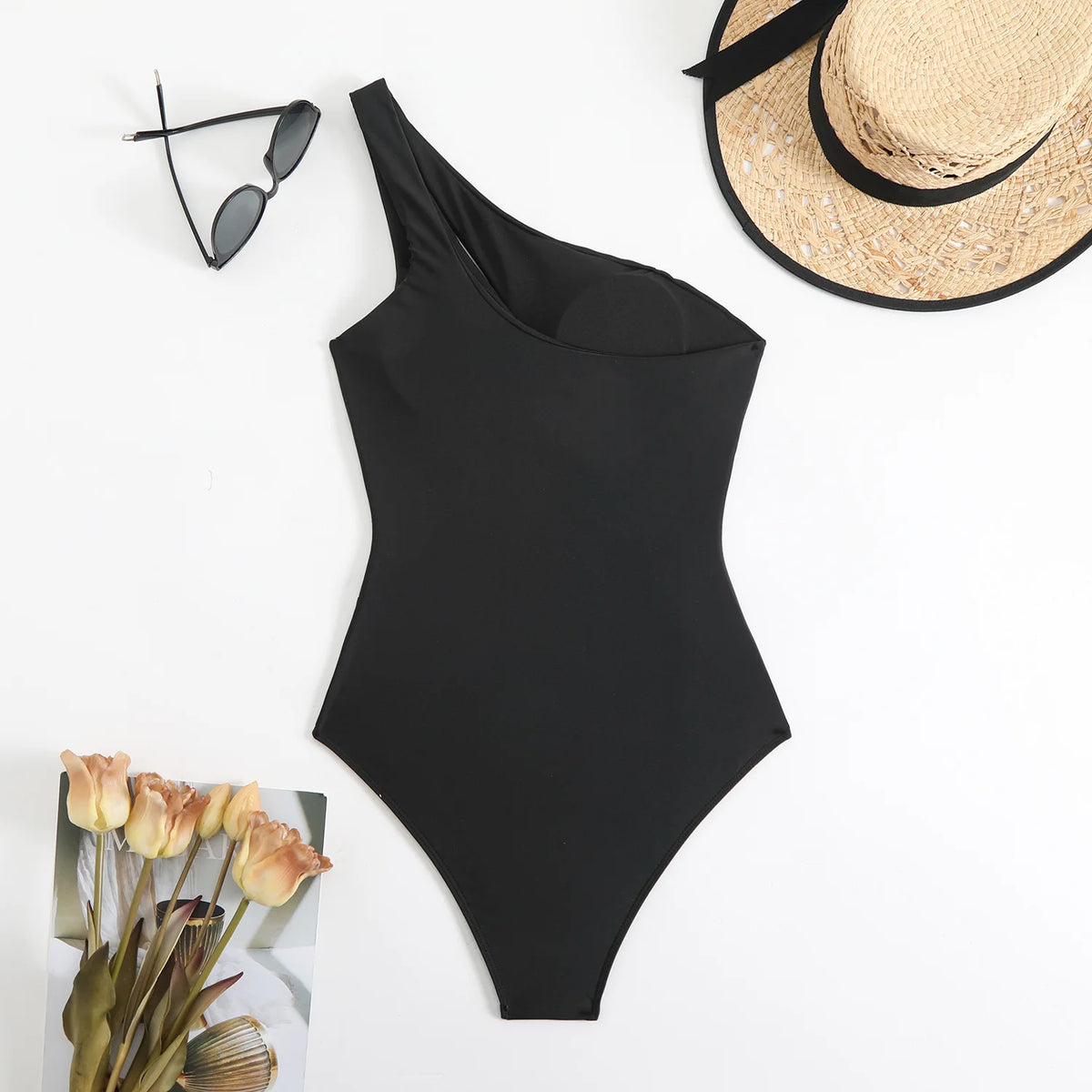 Vintage Black Swimwear Women 2026 Sexy One Shoulder Front Cross Hollow Out Slim One Piece Swimsuit Beach Bathing Suit Monokini