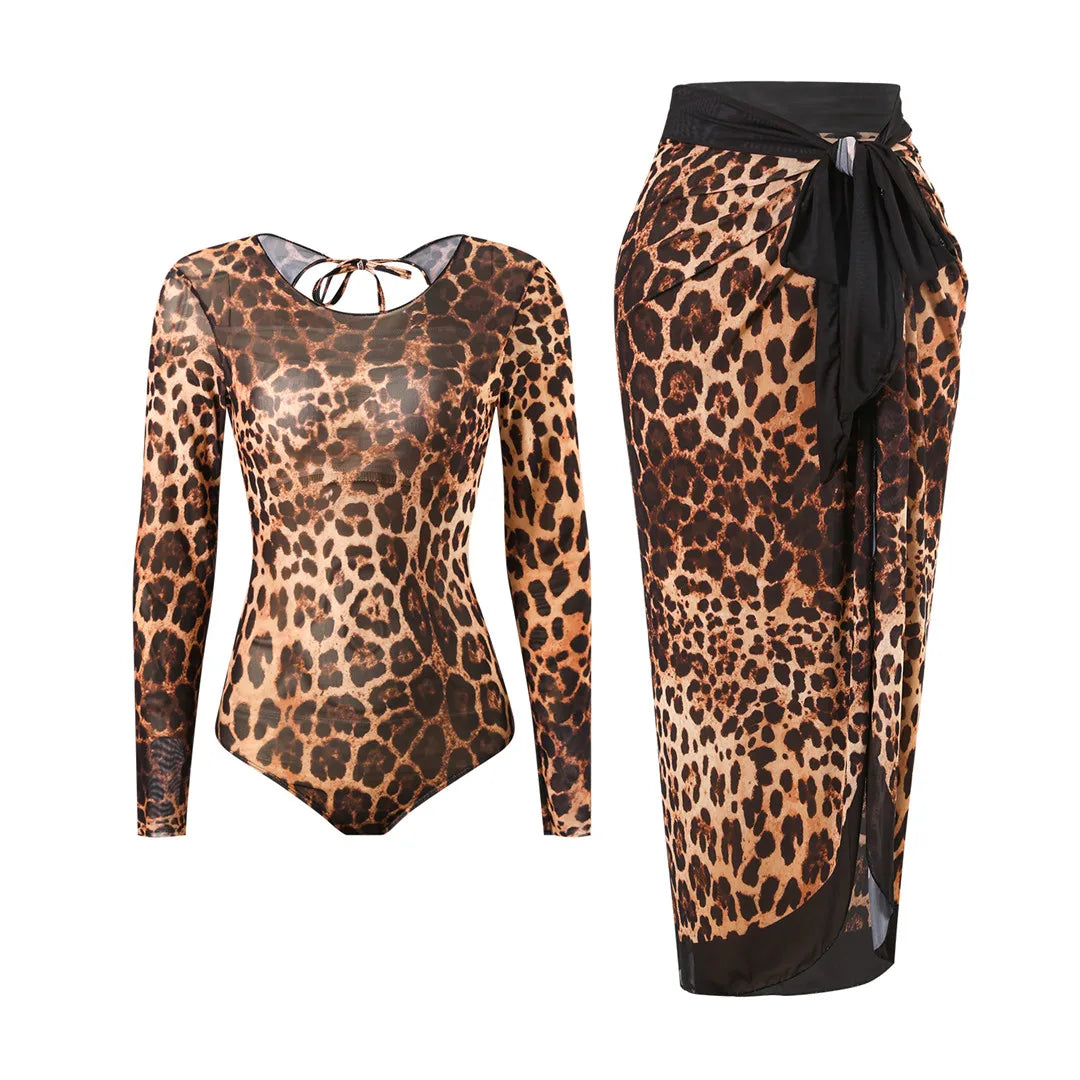 S - XXL 2026 Leopard With Skirt Long Sleeve One Piece Swimsuit Women Swimwear Female High Cut Leg Bather Bathing Suit Swim V7352