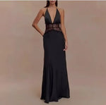 Summer Backless Sexy Long Dresses Women's Gown Patchwork Lace Halter V Neck Sleeveless High Waist Elegant Vestidos Para Mujer