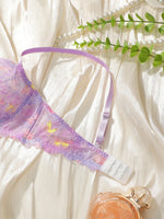 Women's Comfortable Bra Purple Embroidered Lace with Steel Ring Gatherable Adjustable Straps Underwear MR2860