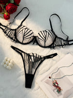 Black Leaf Embroidery Sheer Mesh Lingerie Set Underwire Bra & Adjustable Thong Women Sexy Underwear ZA824058