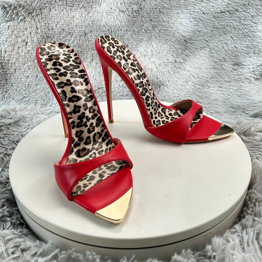 Red matte Leopard Base Slippers Pointed Toe Thin High Heels Women's Shoes Summer Casual Sexy Slip On Party One Word Belt Slipper