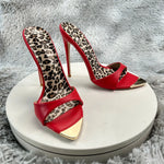 Red matte Leopard Base Slippers Pointed Toe Thin High Heels Women's Shoes Summer Casual Sexy Slip On Party One Word Belt Slipper