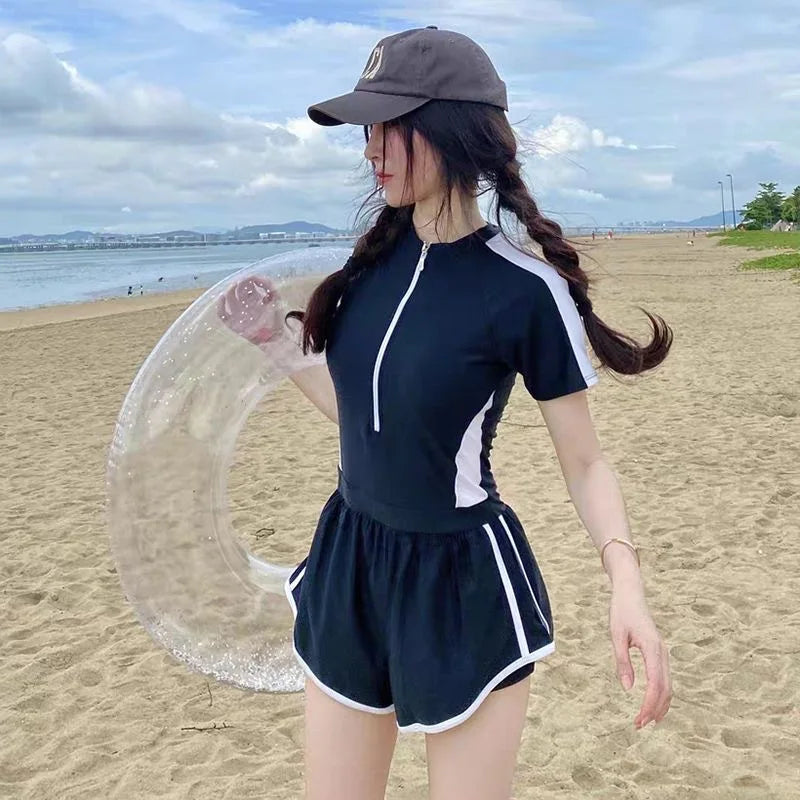 New Women's Swimsuit, One-piece Coverage Slimming EffectConservative Sports Style Hot Spring Flat Leg Pants Swimsuit Plus Size