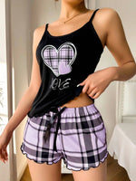 Sexy Nightwear Women's Suspenders Top Plaid Pants Fashion Sleepwear Homewear Two-Piece Set Ladies Pajamas Love Print Loungewear