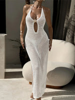 Halter Hollow Out Backless Crochet Knitted Tunic Beachwear Beach Dress Beach Wear Female Beach Cover Up Cover-ups Women V7504