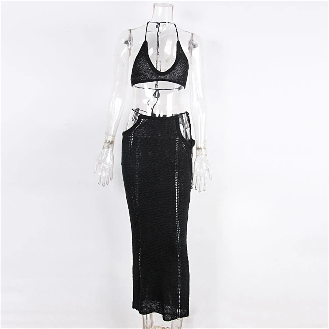 2PCS Set Sexy With Top Halter Crochet Knitted Dress Tunic Beach Cover Up Cover-ups Beach Dress Beachwear Female Women V4885W