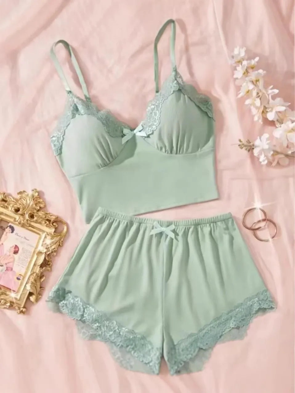 2pcs Floral Contrast Lace Pajama Set for Women Sleepwear V Neck Solid Color Bow Top & Shorts Home Clothes Loungewear