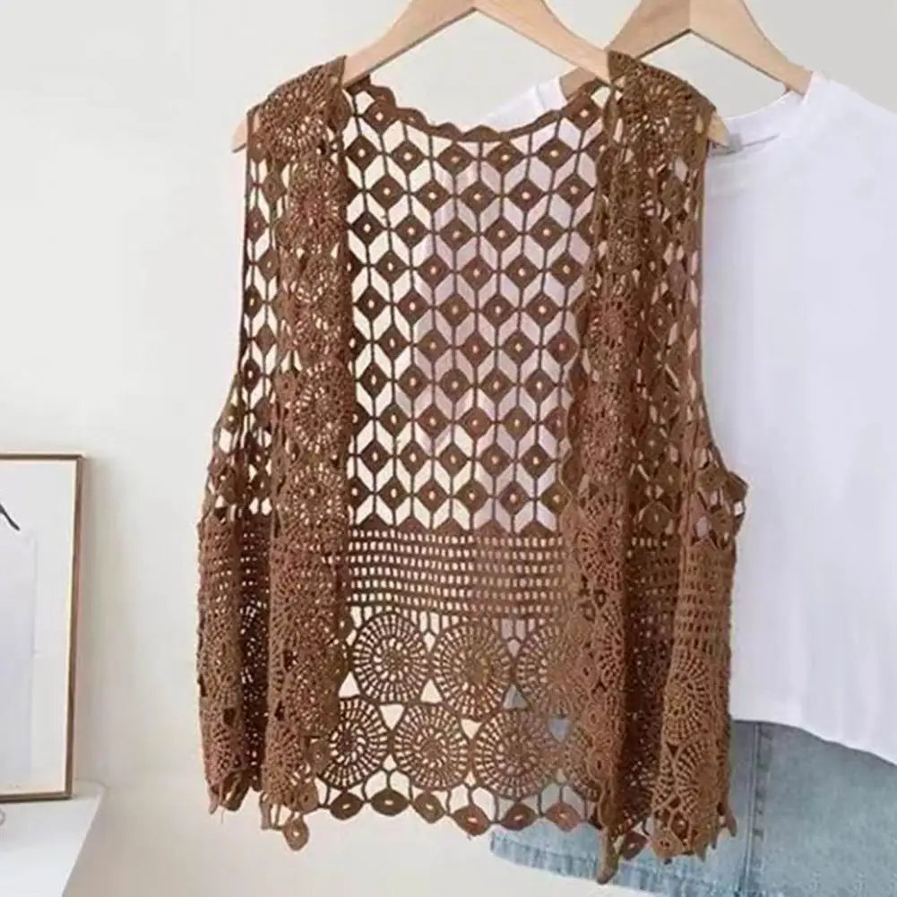 Women Summer Vest Hollow Out Retro Knitted Crochet Sleeveless Loose Open Stitch Thin Cardigan Daily Outwear Coat Top