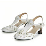 Big Size 32-50 Women's Vintage Cutout T-Strap Sandals Round Toe 6cm Kitten Heel Summer Casual Dance Shoes Black/Brown/White