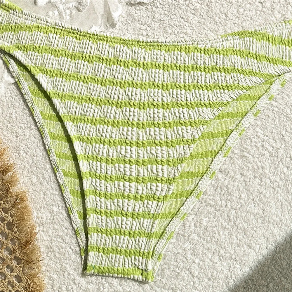 Striped Print String Halter Bandeau Bikinis Sets 2026 Sexy Swimsuit Women Ruched Swimwear Bathing Suit Brazilian Bikini Mujer