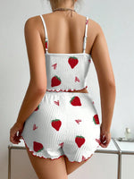 Sleepwear Women's Pajama Set Cherry Print Frill Trim Ribbed Round Neck Backless Crop Cami Top & Shorts Lounge Set