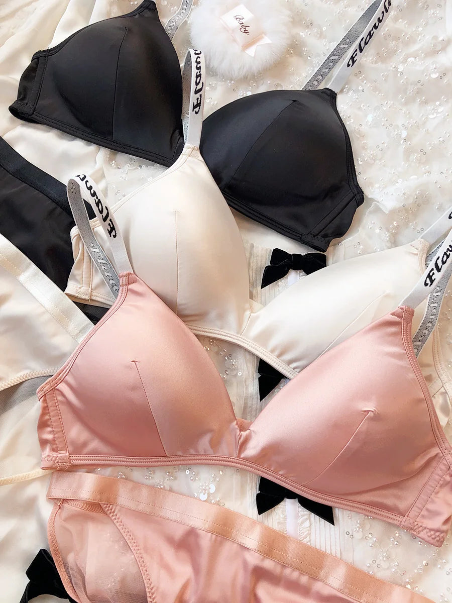 Ice Silk Comfort Underwear Set Women Sexy Deep V Push Up Bra Set Shoulder Strap Letters Adjustable Brassiere and Lace Panties