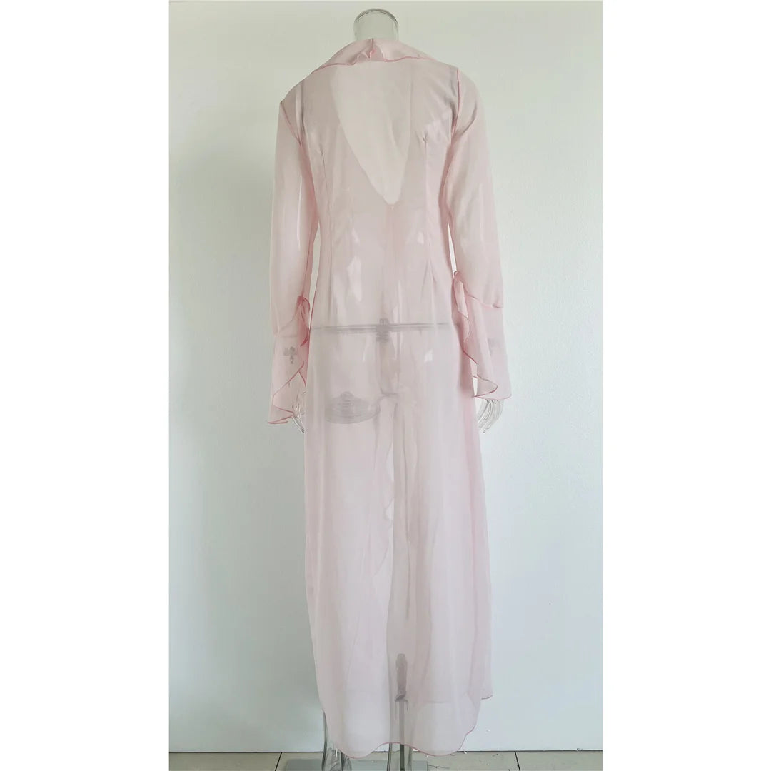 New Sexy V Neck Ruffled Long Sleeve Chiffon Tunic Beach Cover Up Cover-ups Beach Dress Beach Wear Beachwear Female Women V5976