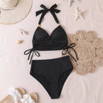S - XXL 2026 Ribbed Halter Mid Waist Bikini Female Swimsuit Women Swimwear Two-Pieces Bikini Set Bather Bathing Suit Swim V6447