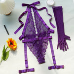 New Purple Sexy Lace Bodysuits Deep V Neck Halter Mesh Solid Color Bodysuits CharmingPure Desire Transparent Flower Print OOB5