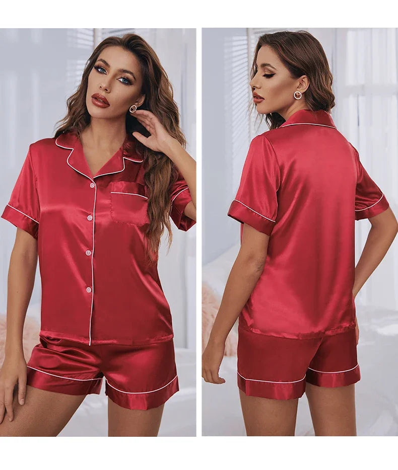 Summer Silk Satin Pajamas Set Women Sleepwear Button-Down Short Sleeve Tops and Shorts Two-piece Pijama Sets Loungewear