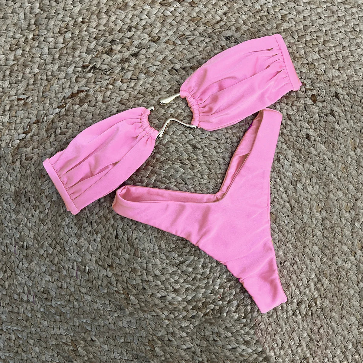 DEKA Bandeau Bikini Summer Beach Classic Strapless Swimsuit Women Sexy Tie Side Shiny Metal Hardware Ring Bandeau Bikni Beach