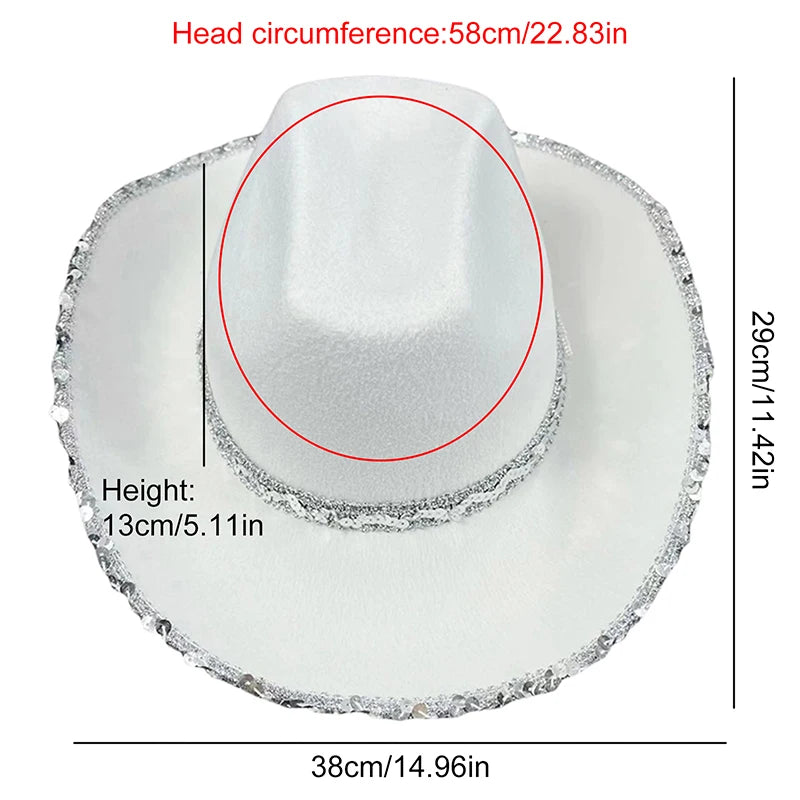 Women Shiny Sequined Wide Brim Cowboy Hat Western Style Sun Cap for Club Party