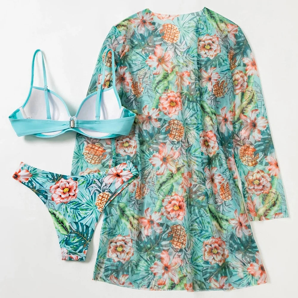 2025 Three Pieces Bikini Set Cover Up Swimwear Women Swimsuit Print Long Sleeve Push Up Bathing Suit Beachwear Swimming Biquini