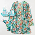 2025 Three Pieces Bikini Set Cover Up Swimwear Women Swimsuit Print Long Sleeve Push Up Bathing Suit Beachwear Swimming Biquini