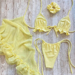 White Mesh Cover Up Swimwear String Halter 3 Piece Bikini Set Micro Thong Swimsuit Beachwear Ruffled Triangle Bikinis 2026 Mujer