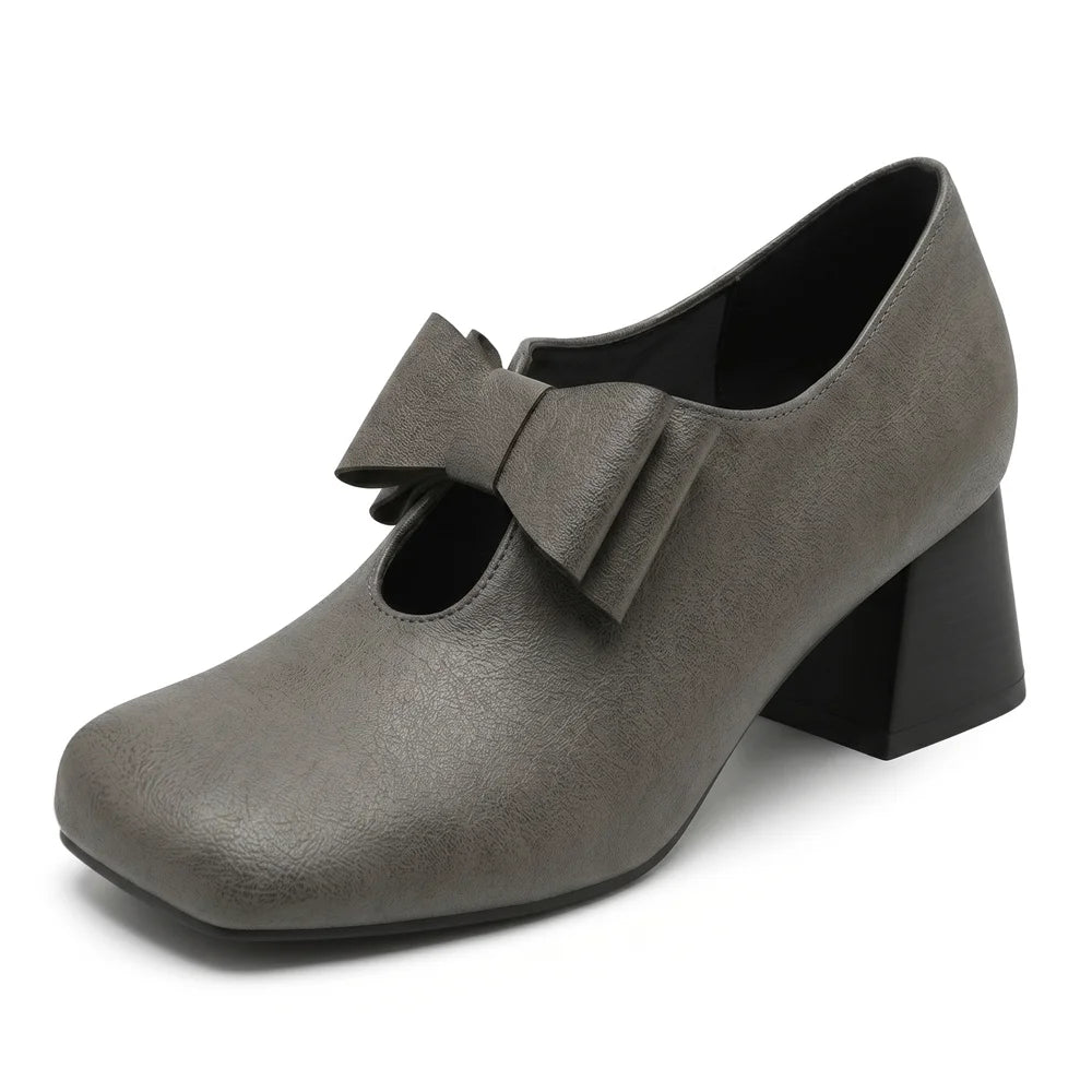 Plus Size 52 Soft Faux Leather Mary Jane Heels Pumps Big Bow Square Toe 5cm Chunky Block Heel Vintage Office Dress Shoes Women
