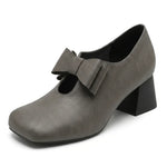 Plus Size 52 Soft Faux Leather Mary Jane Heels Pumps Big Bow Square Toe 5cm Chunky Block Heel Vintage Office Dress Shoes Women
