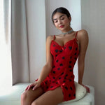 Women Pink Heart Print Mesh Slip Night Dress Lace Trim Bow Side Split Mini Nightgown Spaghetti Strap V Neck Sexy Lingerie Sleepw