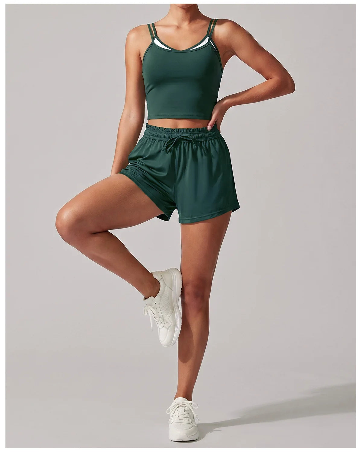 Women's New Summer Yoga Sets Color Blocked Double Strap Workout Tank Top Fitness Suit Drawstring High Waist Short Sport Set