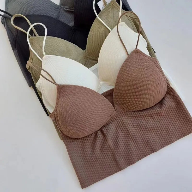 Women Tank Top With Built In Bras Fixed Cup Anti Glare Streetwear Crop Tops Female Seamless Underwear Padded Camisole Summer